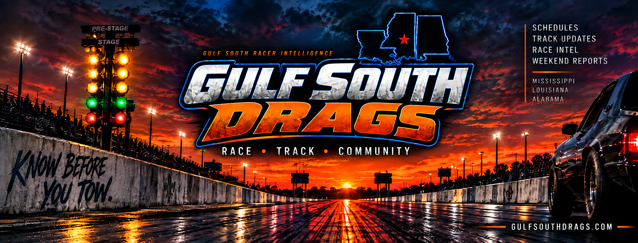 Gulf South Drags — Know Before You Tow. Drag racing schedules, track updates, race intel and weekend reports across Mississippi, Louisiana and Alabama.